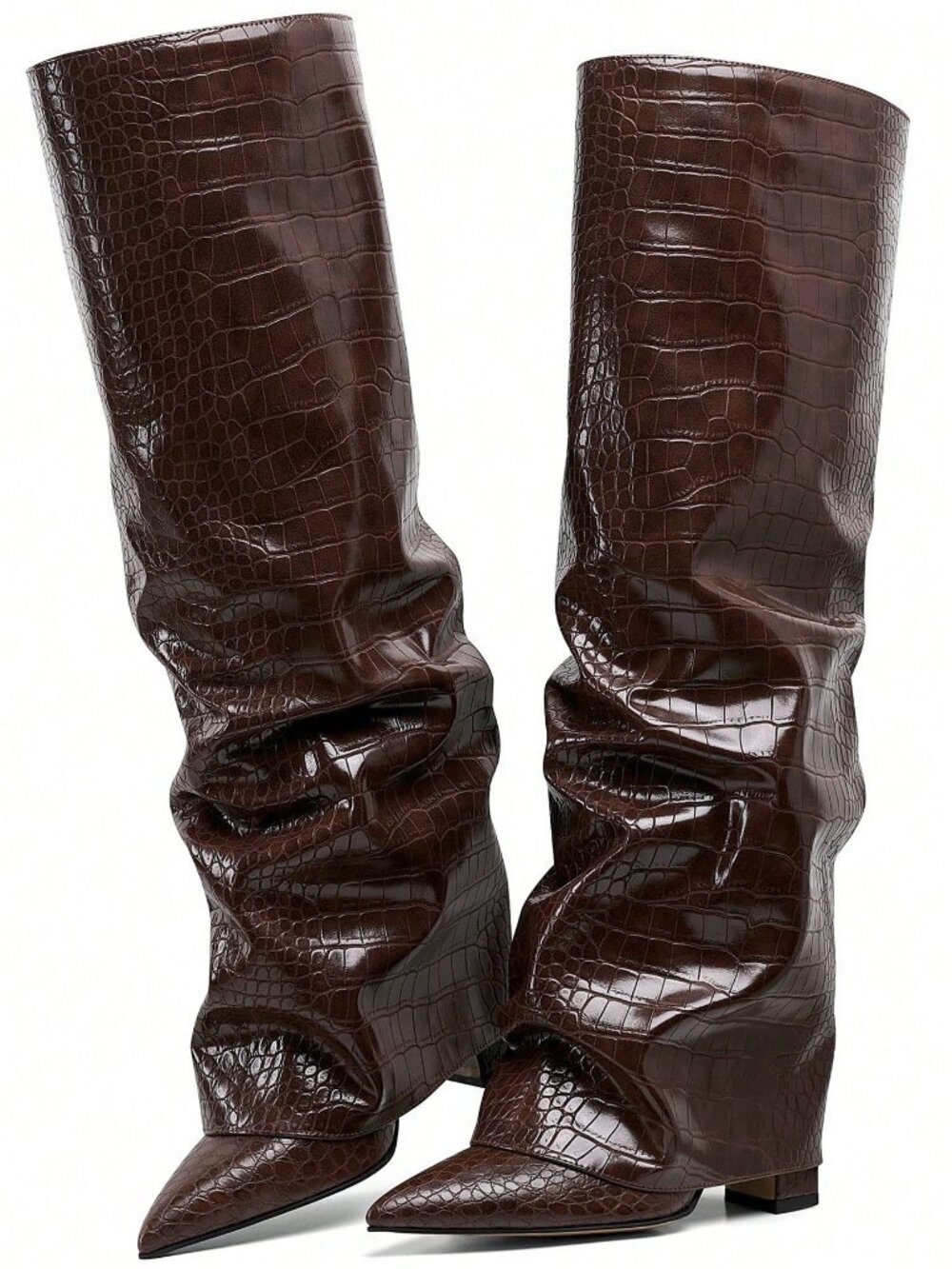 Brown Texture Punk Women's Knee High Fold Over Slouchy Chunky High Heels boots - Picture 2 of 11